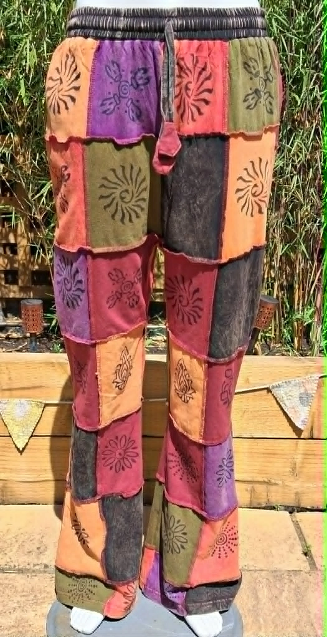 Block print patchwork jersey trousers