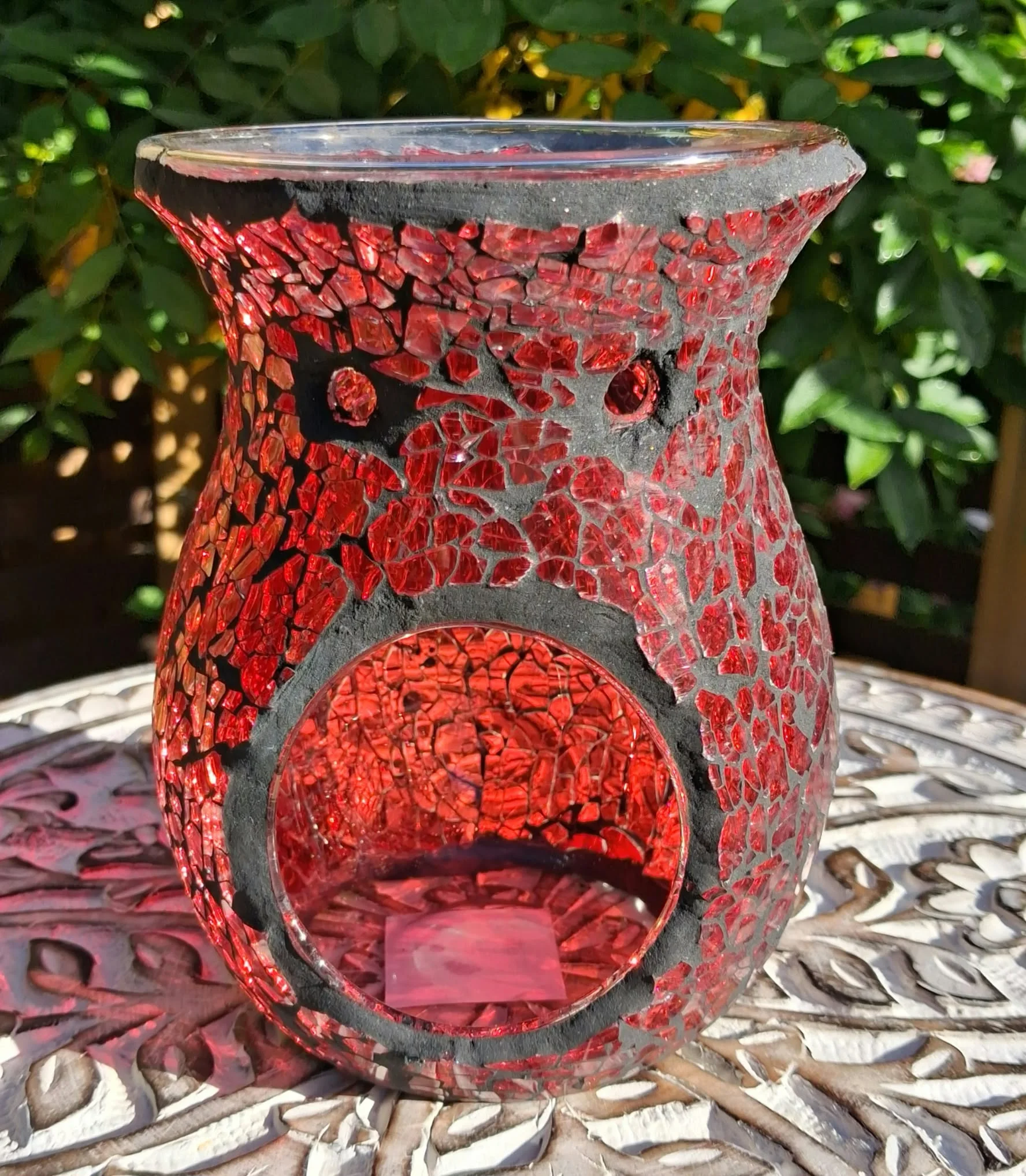 large red crackle glass oil burner